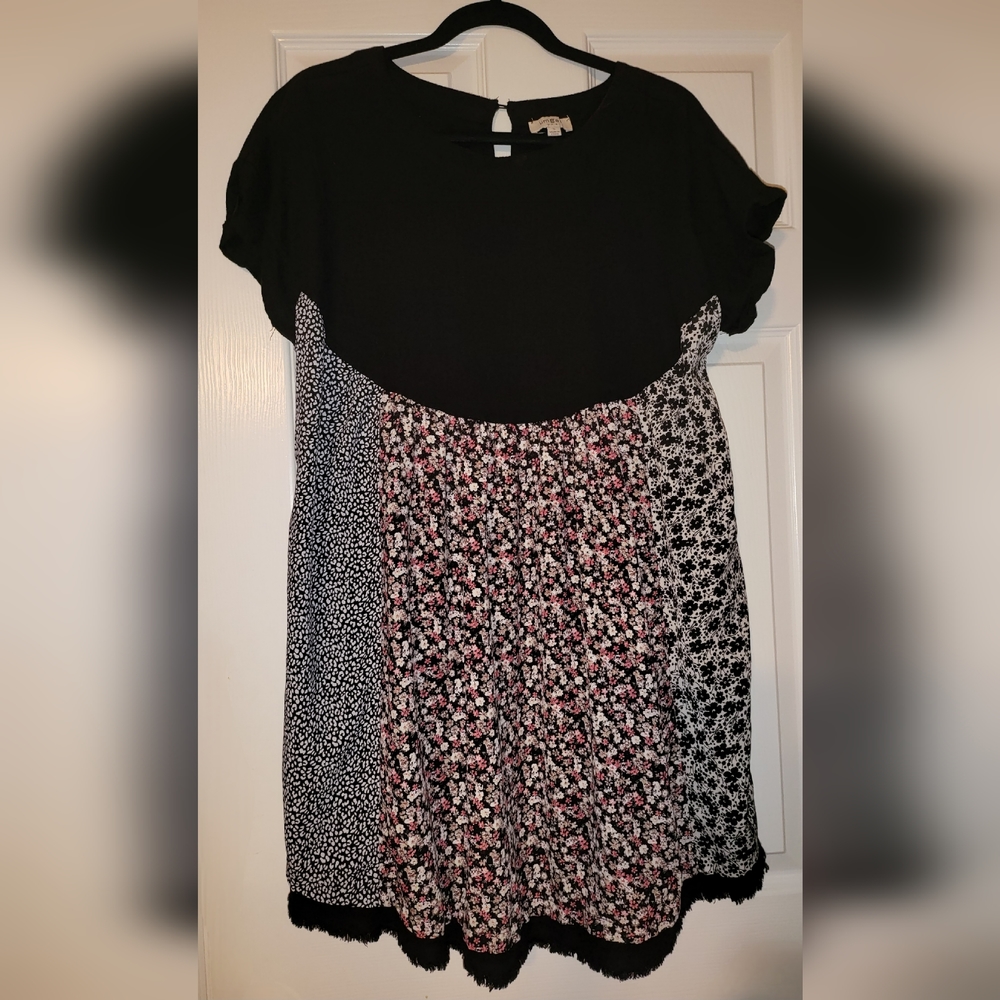 Umgee Linen Blend Mixed Print Round Neck Short Sleeve Dress Black A6812 Sz Small